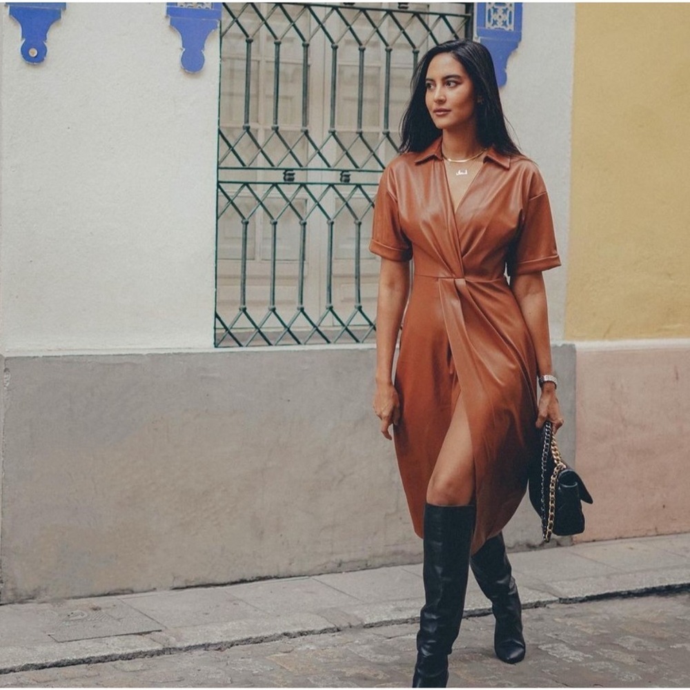 Zara Faux Leather Faux Wrap Dress Camel Sz XS Chic Sophisticated Nouveau Riche